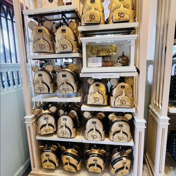 Mickey Mouse Walt Disney World 50th Anniversary Leather Gold Loungefly Backpack - Picture 5 of 13